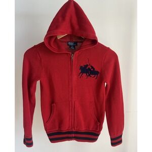Polo Ralph Lauren Jacket Boys Sz Small 8 Hoodie Red Navy Full Zip Preppy Vtg